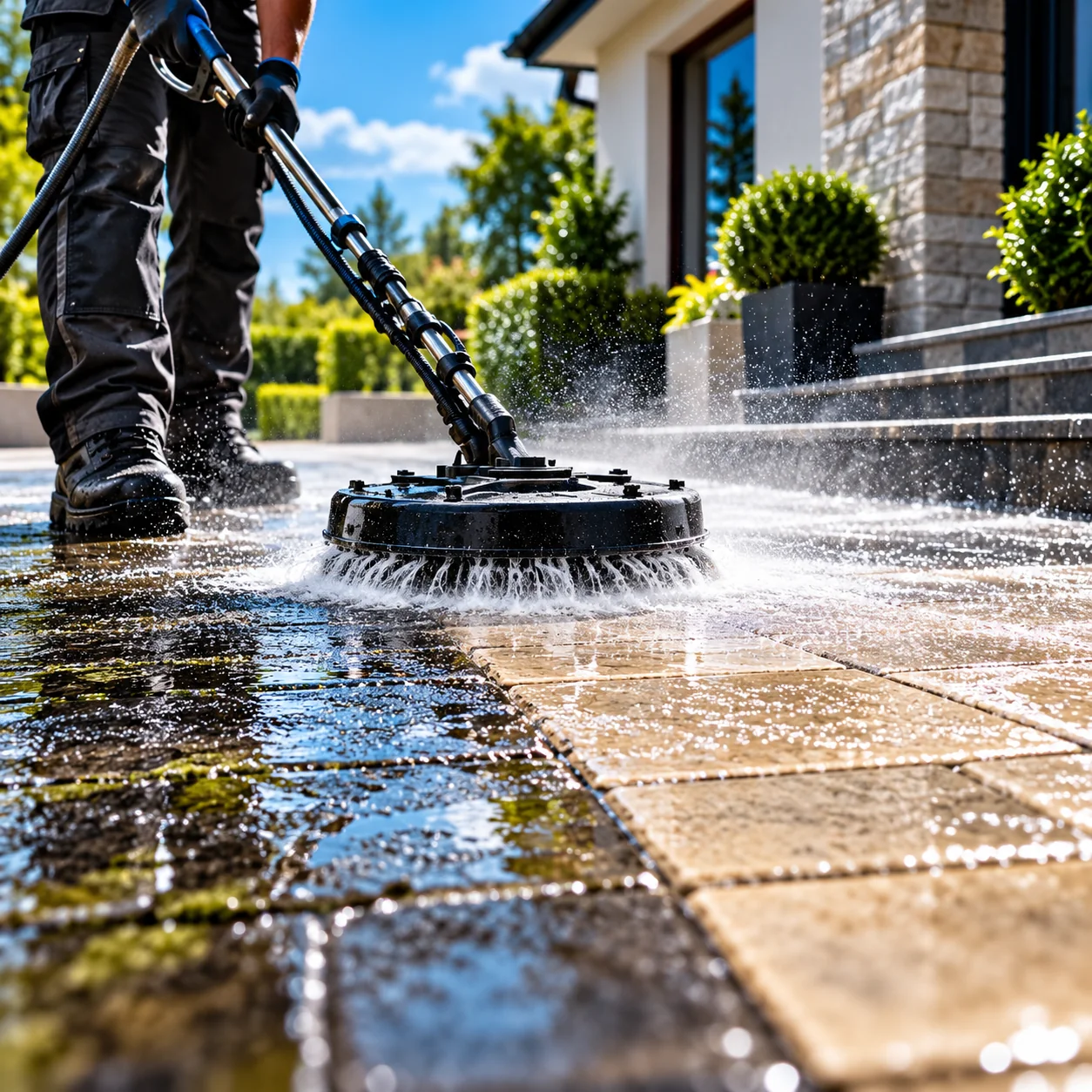 Pressure washing a paved outdoor area