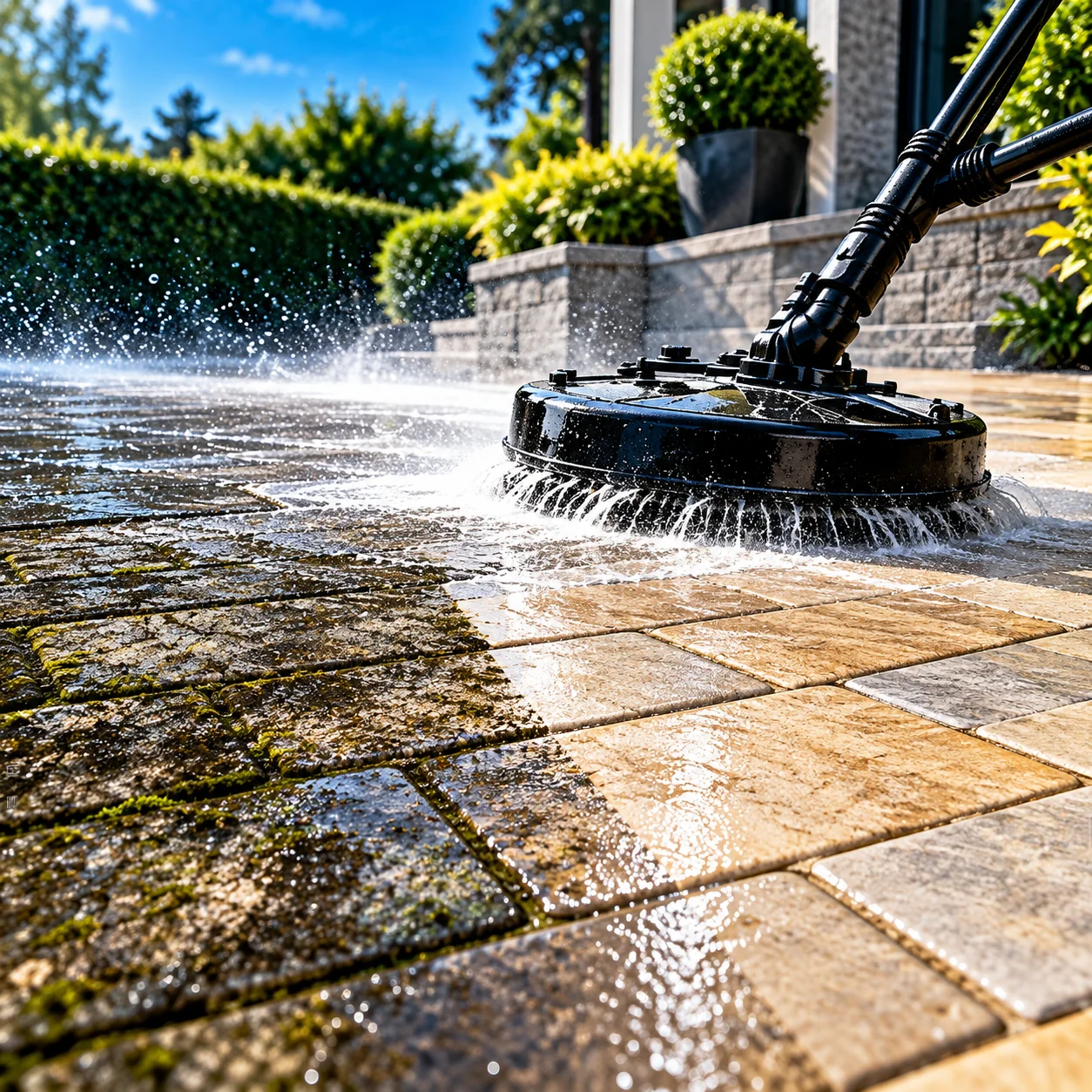 Surface cleaner washing a paved driveway
